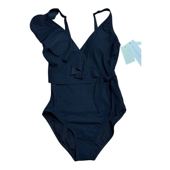 Gottex Sz 8 Swimsuit Tutti Fruity Ruffle One Shoulder V Neck One Piece Black New - Picture 4 of 7